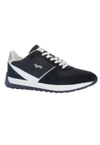 Sneaker da uomo in suede e rete blu navy con dettagli bianchi. Presenta un collare imbottito, chiusura a lacci e suola in gomma. Logo del cane visibile.