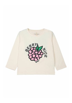 Majica z dolgimi rokavi iz kremastega bombaža, ki ima živahno grafiko roza grozdja z črnim napisom "BERRY NICE" in zelenimi listnatimi poudarki.