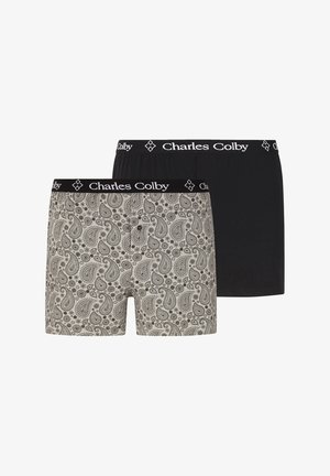 Two pairs of men's boxers: one patterned in grey paisley, and one solid black, both with a black waistband featuring "Charles Colby" logo.