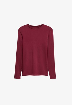 Camiseta de manga larga y cuello redondo en burdeos, fabricada con un tejido suave y elástico. Diseño sencillo sin patrones ni detalles de hardware.