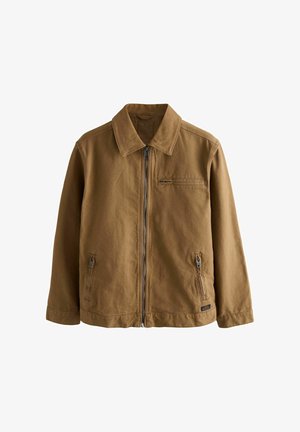 Braune Canvasjacke mit einem Frontreißverschluss, zwei seitlichen Taschen und einer Reißverschlusstasche auf der Brust. Sie verfügt über einen klassischen Kragen und einen geraden Schnitt.