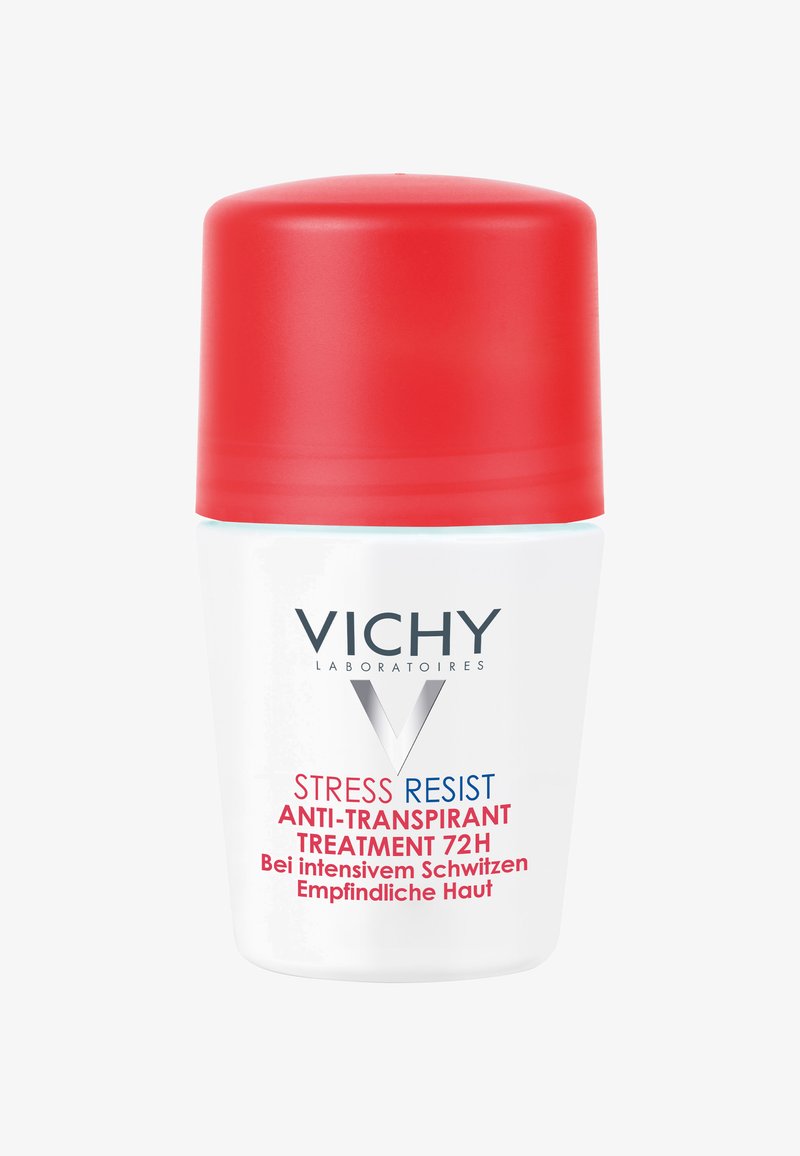 Roll-on anti-transpirant featuring a cylindrical white body with a glossy red cap. Text on the body includes product name and usage instructions.