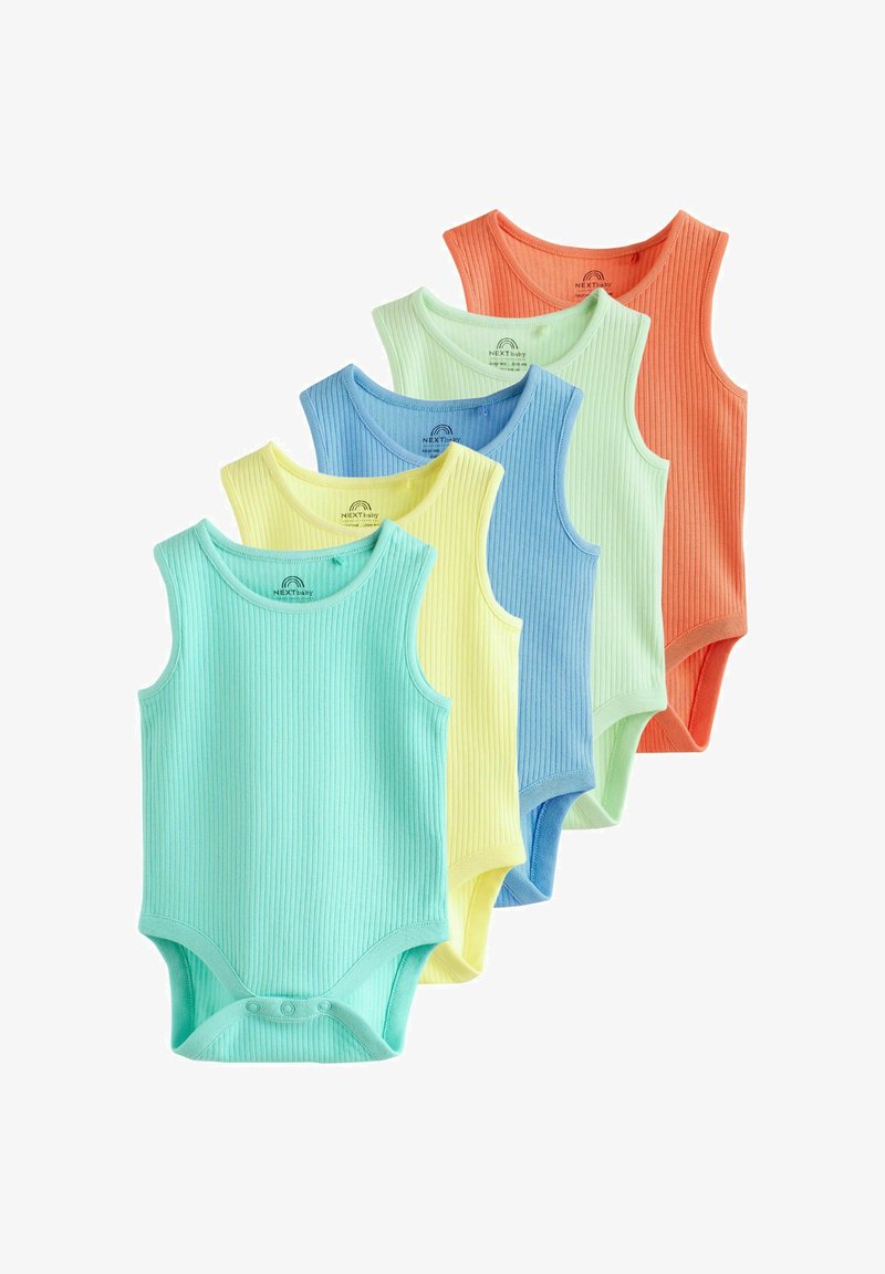 Cinque body senza maniche per bambini a costine, nei colori teal, giallo, blu, verde chiaro e corallo, impilati e sovrapposti su uno sfondo bianco.