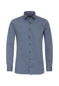 Herren Langarmhemd aus dunkelblauem Stoff mit Knopfleiste, klassischem Kragen, einer Brusttasche und schwarzen Knöpfen.