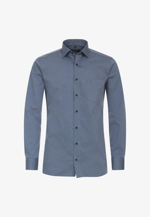 Men's long-sleeve shirt in dark blue fabric with a button-up front, classic collar, single chest pocket, and black buttons.