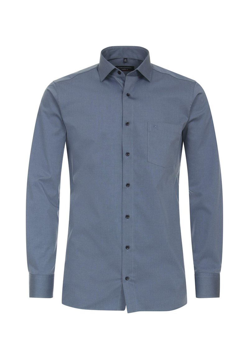 Herren Langarmhemd aus dunkelblauem Stoff mit Knopfleiste, klassischem Kragen, einer Brusttasche und schwarzen Knöpfen.