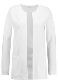 Cardigan bianco a maniche lunghe realizzato in tessuto testurizzato. Presenta un'apertura frontale e due tasche anteriori. Design semplice e pulito.
