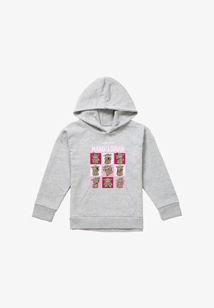 Hellgrauer Hoodie mit neun Baby Yoda (Grogu) Illustrationen in einem 3x3-Raster und dem Text "Star Wars The Mandalorian" oben.