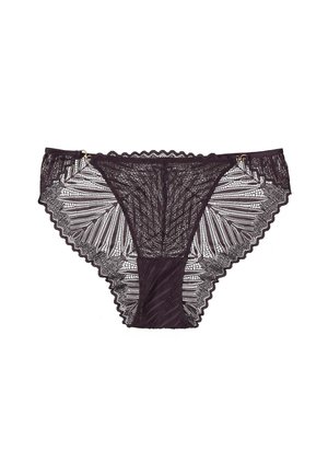 Lace panties in dark purple with scalloped edges, featuring a floral pattern, a sheer front panel, and solid fabric back. Decorative hardware accent.