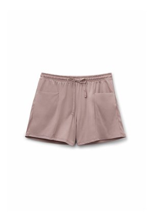 Ljusrosa shorts tillverkade av mjukt tyg, med en elastisk midja och snörning, samt två framfickor.
