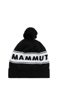 Berretto lavorato a maglia nero con una striscia bianca che presenta la parola "MAMMUT" in lettere nere a contrasto, sormontato da un pompon nero.