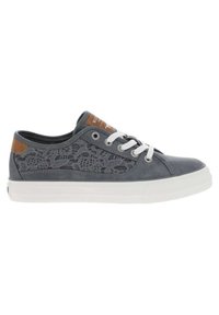 Sneaker in tessuto grigio con dettagli in pizzo, suola in gomma bianca e accentuazione in pelle marrone sul tallone. Presenta lacci bianchi e cuciture a vista.