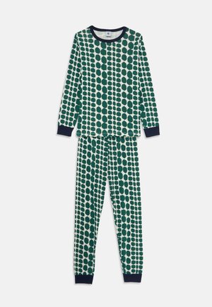 Green and white pajama set with long sleeves and pants, featuring an all-over oval dot pattern. Comes with navy blue cuffs and neckline.