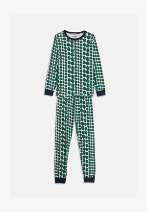 Ensemble de pyjama vert et blanc avec des manches longues et un pantalon, présentant un motif de points ovales sur l'ensemble. Livré avec des poignets et un col bleu marine.