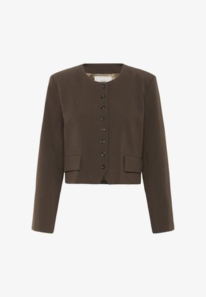 Brown cropped blazer with a round neckline, six-button closure, and two front pockets. Made of textured fabric with a smooth lining.