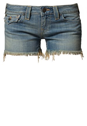 Lichtblauwe denimshorts met rafelige zomen, knopen en rits aan de voorkant, lussen voor een riem, en voor- en muntzakken.