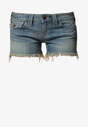 Hellblaue Jeansshorts mit ausgefransten Säumen, vorderem Knopf und Reißverschluss, Gürtelschlaufen sowie Vorder- und Münztaschen.