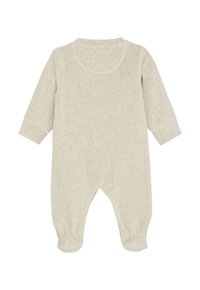 Cremfarbener Langarm-Babyschlafanzug mit Füßchen, aus weichem Stoff und mit runder Ausschnitt.