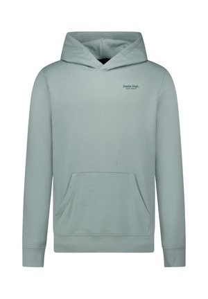 Lichtblauwe hoodie met voorzak en kleine "Denim Dept. Core Jeans" tekst op de bovenkant van de borst.