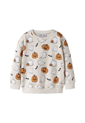 Sweat-shirt beige clair pour enfants avec imprimé Halloween intégral de fantômes blancs, citrouilles orange et petites chauves-souris noires.