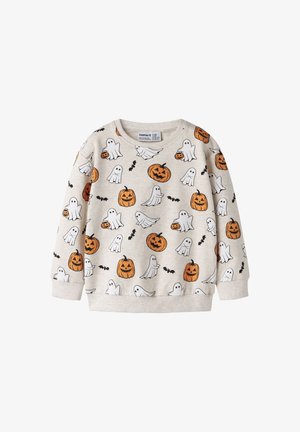 Sweat-shirt beige clair pour enfants avec imprimé Halloween intégral de fantômes blancs, citrouilles orange et petites chauves-souris noires.