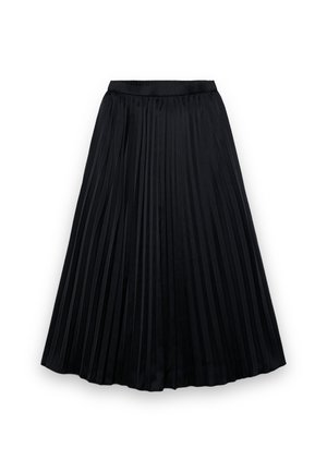Jupe midi plissée noire avec taille élastique, présentée à plat sur fond blanc.