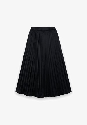 Jupe midi plissée noire avec taille élastique, présentée à plat sur fond blanc.