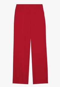 Red wide-leg pants made of a smooth fabric, featuring an elastic waistband and two side pockets. No visible patterns or hardware.
