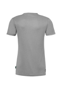 Grå kortærmet T-shirt med rund hals, lavet af blødt stof, med en lige pasform og et lille logo-detail nær kanten.