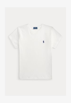 Tricou alb cu mâneci scurte și guler rotund, cu un mic logo al calului Polo Ralph Lauren de culoare bleumarin pe pieptul stâng.