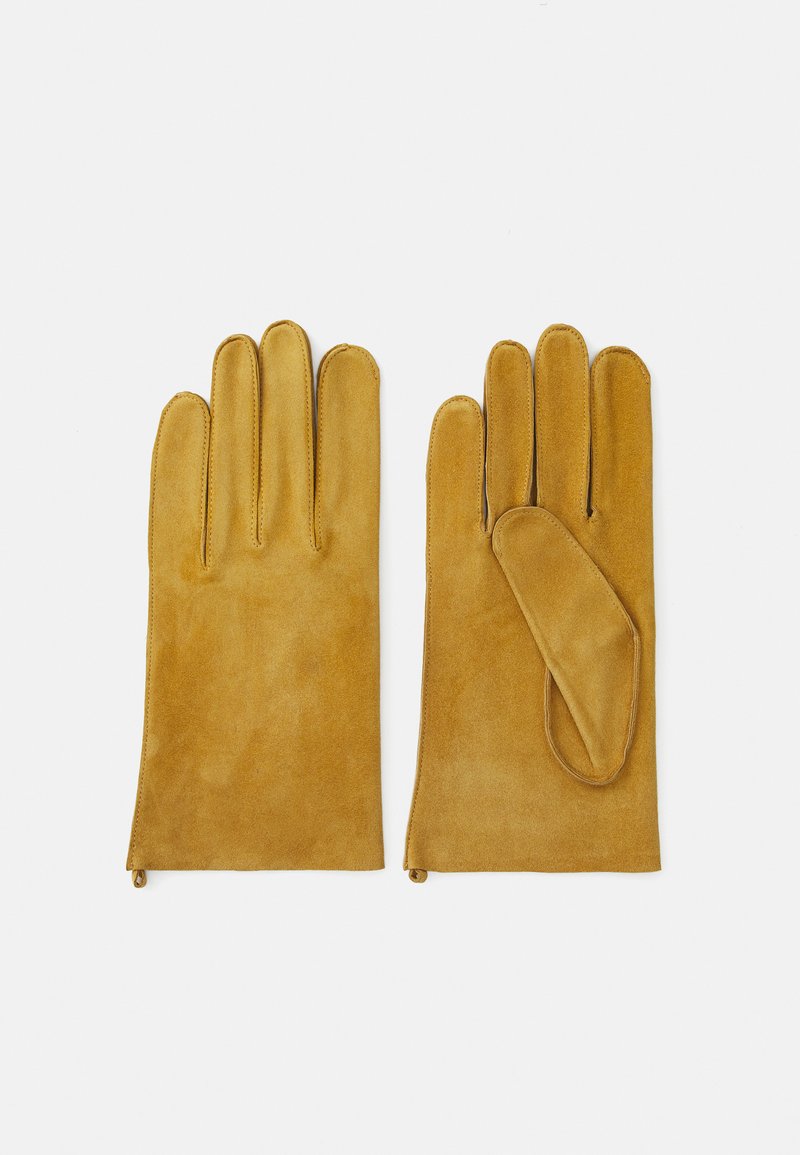 Semenné rukavice v horčicovo žltej farbe s piatimi prstami a hladkým povrchom, s jemným prešitím pozdĺž okrajov a minimalistickým dizajnom.