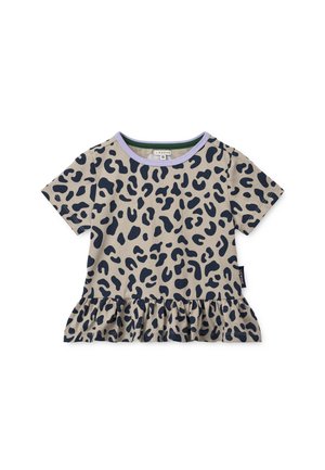 Børne kortærmet skjorte med beige og sort leopardprint, lilla kant ved halsudskæringen og en flæsekant.