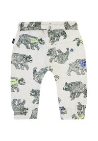 Bawełniane spodnie z nadrukiem misiów w kolorze zielonym i czarnym na jasnoszarym tle. Zawierają elastyczny pas i tylnią kieszeń.