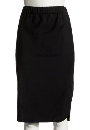 Jupe crayon noire longueur genou avec taille élastique et petite fente latérale sur un mannequin.
