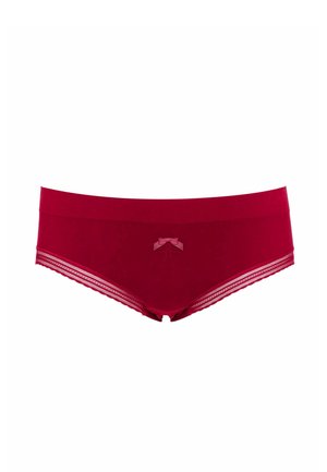 Red boyshorts made from soft fabric, featuring a wide waistband and delicate lace trimming along the sides. Includes a small bow detail at the front.