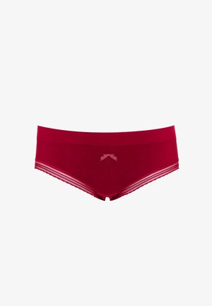 Red boyshorts made from soft fabric, featuring a wide waistband and delicate lace trimming along the sides. Includes a small bow detail at the front.