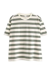 Hvid t-shirt med vandrette grønne og marineblå striber, rund hals, korte ærmer og en afslappet pasform. Bomuldsstoftekstur.