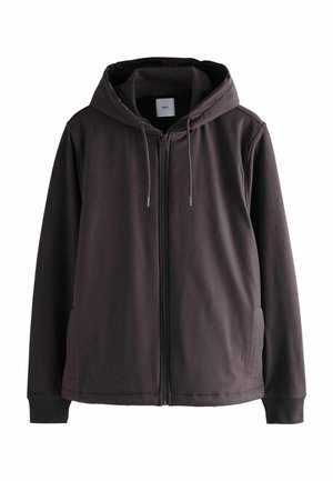 Men’s dark gray hooded zip-up jacket with drawstrings and side pockets, long sleeves, and ribbed cuffs, displayed on a white background.