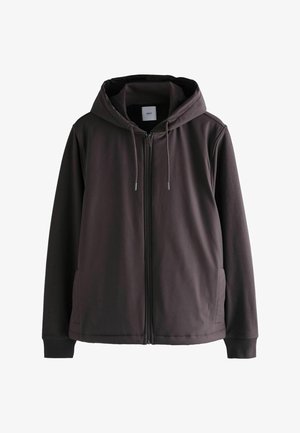 Men’s dark gray hooded zip-up jacket with drawstrings and side pockets, long sleeves, and ribbed cuffs, displayed on a white background.