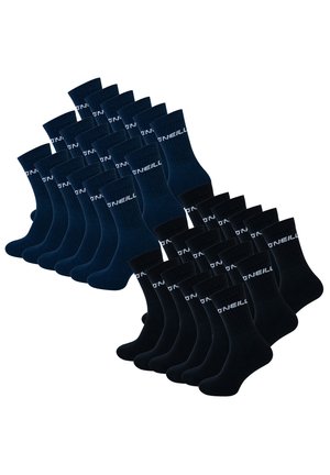 Pack of 20 cotton socks in navy blue and black. Ribbed tops with white O'Neill logo, medium crew length, smooth texture.