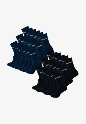 Pack of 20 cotton socks in navy blue and black. Ribbed tops with white O'Neill logo, medium crew length, smooth texture.