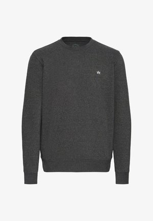 Grey crewneck sweatshirt made of a textured fabric, featuring long sleeves and ribbed cuffs and hem. Small logo on the chest.