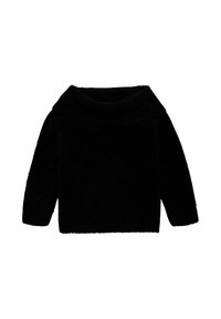 Schwarzer, übergroßer Pullover mit weitem, umgeschlagenem Kragen und langen Ärmeln. Hergestellt aus einem weichen, strukturierten Stoff in lockerer Passform.