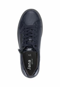 Navy blue leather sneaker with laces, side zipper, and cushioned insole labeled "Jana Soft Line," size 37H.