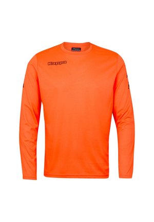 Maglietta a maniche lunghe arancione brillante con logo nero "Kappa" sul petto e sulle maniche, design semplice, collo tondo.