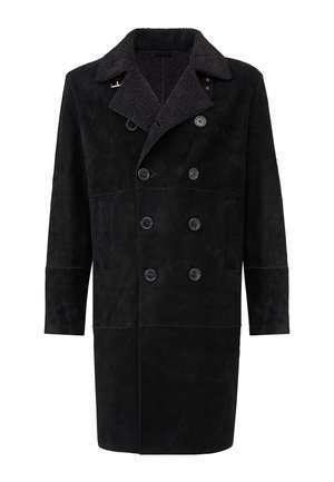 Sorte ruskinds dobbeltknapcoat med en struktureret sort krave, store knapper og sidelommer; lige snit med lange ærmer.