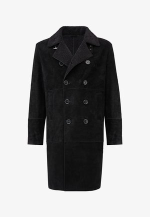 Black suede double-breasted coat with a textured black collar, large buttons, and side pockets; straight cut with long sleeves.