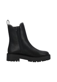 Botas de cuero negro por el tobillo con cremallera lateral, ribete metálico texturizado en la parte superior y suela robusta y resistente para tracción.