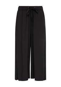 Pantalon noir à jambes larges avec taille élastique et cordon de serrage à l'avant, coupe ample et poches latérales.