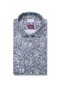 Chemise à manches longues pour hommes avec un motif floral bleu et blanc, col italien, et étiquette en tissu Liberty à l'intérieur du col.